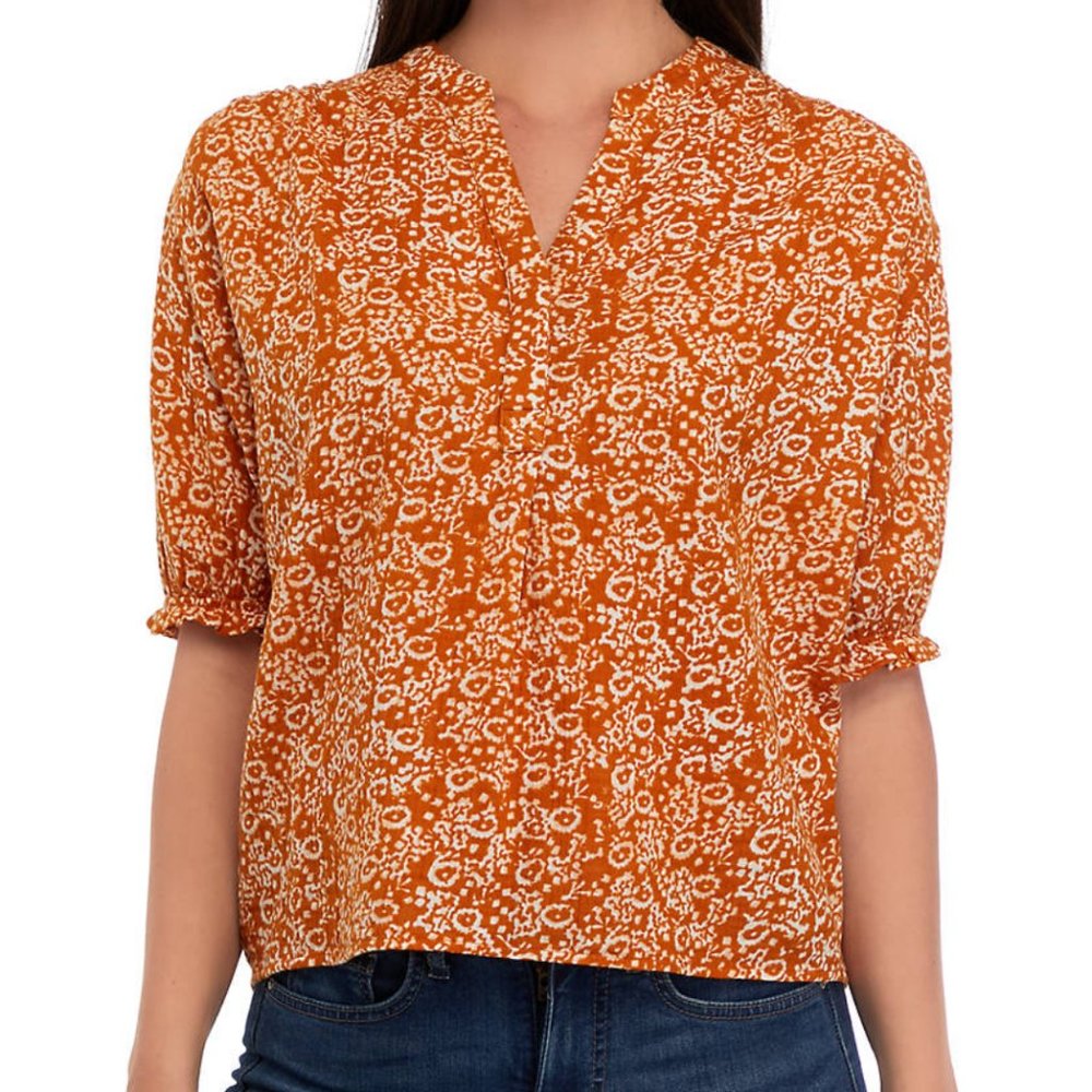 Women's Elastic Sleeve Printed Henley Top Sz Large